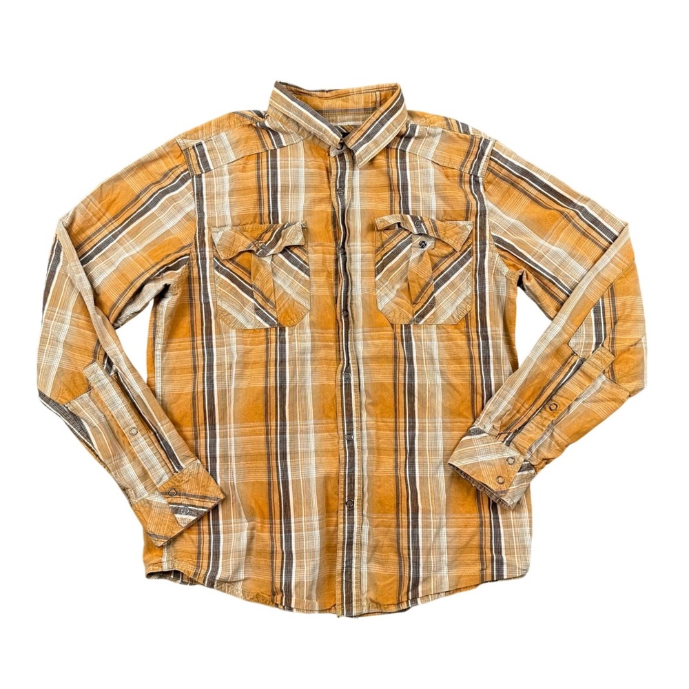 Prana Pearl Snap Button Down Shirt Mens Medium Long Sleeve Plaid Orange Medium